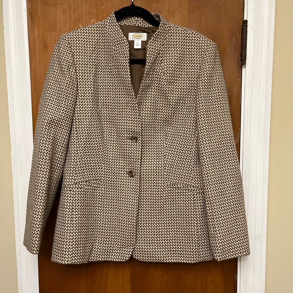 Talbots blazer 100% Wool brown beige Houndstooth Style neckline 10. W6